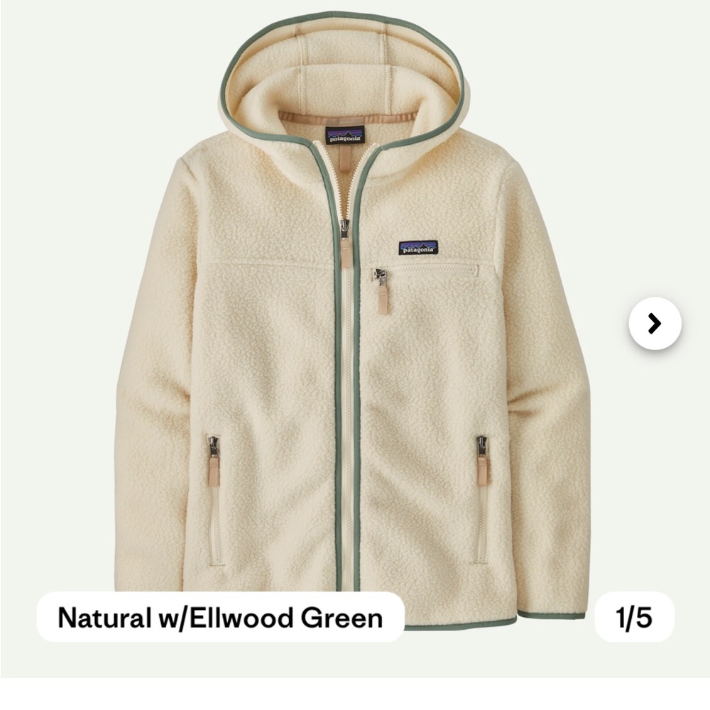 2025 Current Patagonia Retro Pile Fleece Hoody Natural with ElwoodGreen L Large